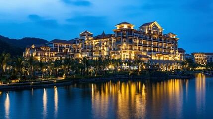 Fototapeta premium Majestic Hotel at Dusk with Beautiful Reflection on Water