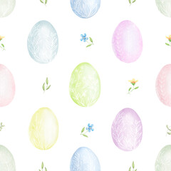 Delicate Easter eggs with cute flowers on seamless pattern. Watercolor digital illustration. Painted holiday eggs isolated on white background. Spring and Easter theme, for cards and invitations