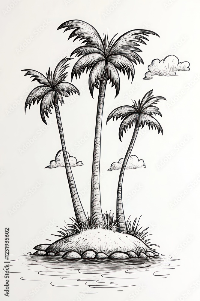 Poster hand-drawn illustration of three palm trees on a small island with a few clouds in the sky.