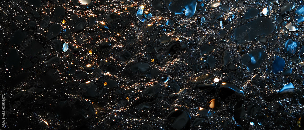 Poster water bubbles reflecting light against a black background creating a shiny texture