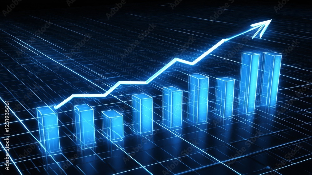 Poster a futuristic d bar chart with tall, glowing columns and an upward trending arrow, hovering over a da