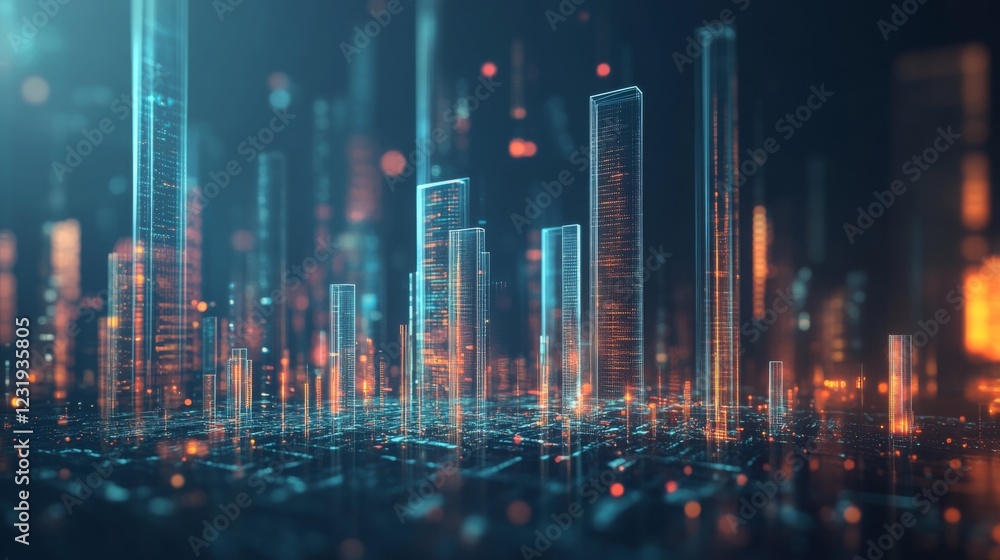 Poster A futuristic D bar graph floating in space, with transparent bars of different heights, set against a dark background, symbolizing high-tech data visualization.