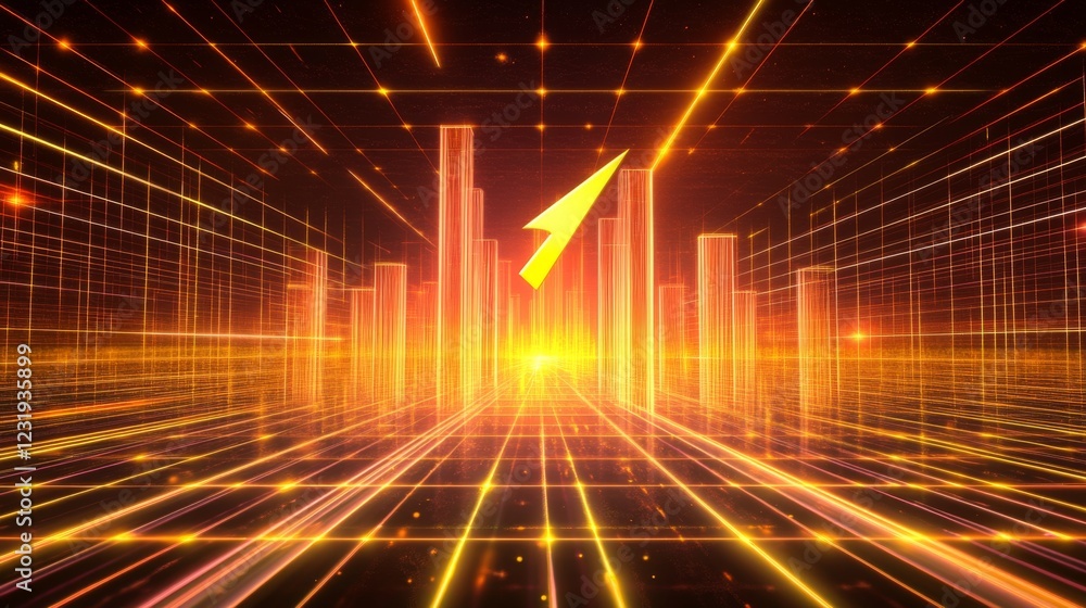 Poster a futuristic d bar chart with tall, glowing columns and an upward trending arrow, hovering over a da