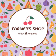 Colorful Farmers shop graphic design template, flyer, copy space. Cute Fruits and berries round frame in doodle style. Hand drawn Fruits circle border. Organic fruits round frame. Vector illustration.