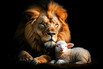 Obraz premium Lion and Lamb Symbol of Peace, Majesty of Wildlife, Powerful Portrait on Black Background