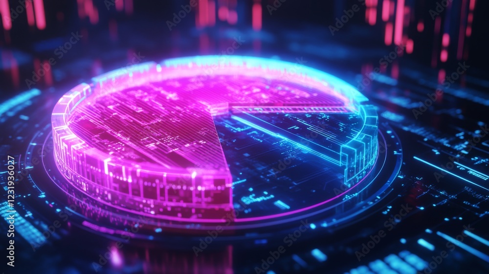 Aufkleber a futuristic d pie chart with glowing neon segments, rotating in a digital space, symbolizing modern
