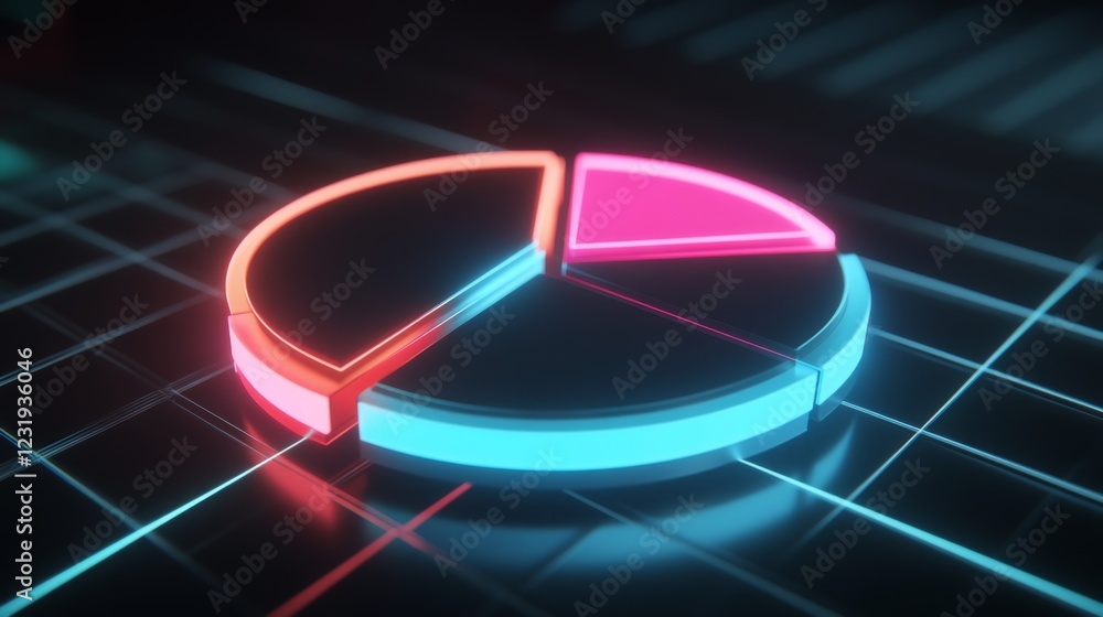 Aufkleber a futuristic d pie chart with floating segments, each glowing with neon lights, set against a dark g