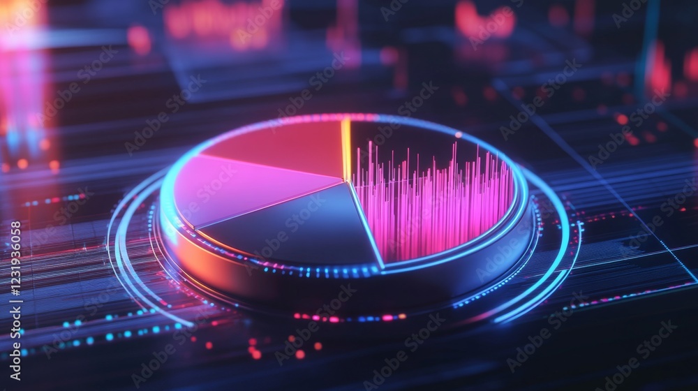 Aufkleber a futuristic d pie chart with glowing neon segments, rotating in a digital space, symbolizing modern