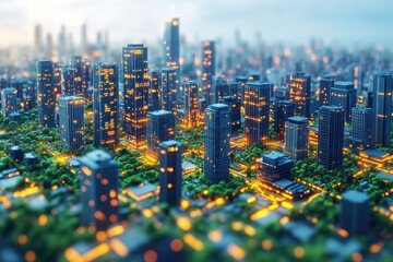 A stunning aerial view of a modern city skyline at dusk, featuring innovative architecture, twinkling lights, and lush greenery integrated into urban design.