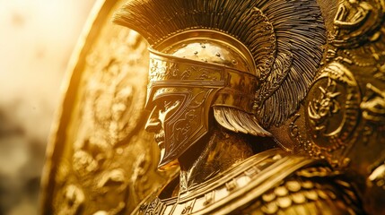 Ancient Greek Warrior Sculpture with Golden Armor and Shield