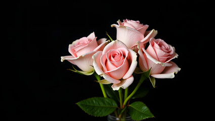 Fototapeta premium A graceful bouquet of soft pink roses, their petals delicately layered and fresh with dew, surrounded by tender green leaves, placed on a dark black background