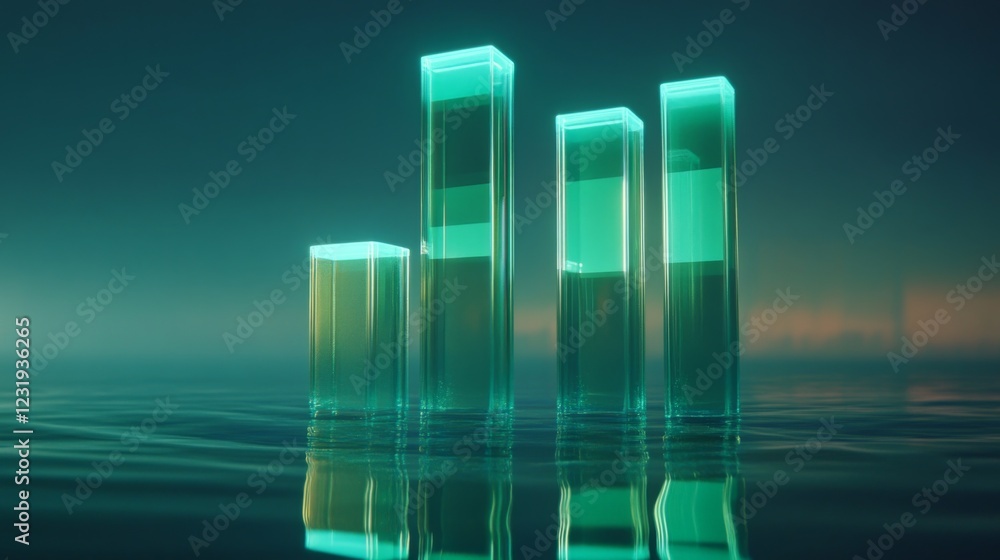 Aufkleber a futuristic bar graph with transparent bars glowing in shades of blue and green, hovering above a r