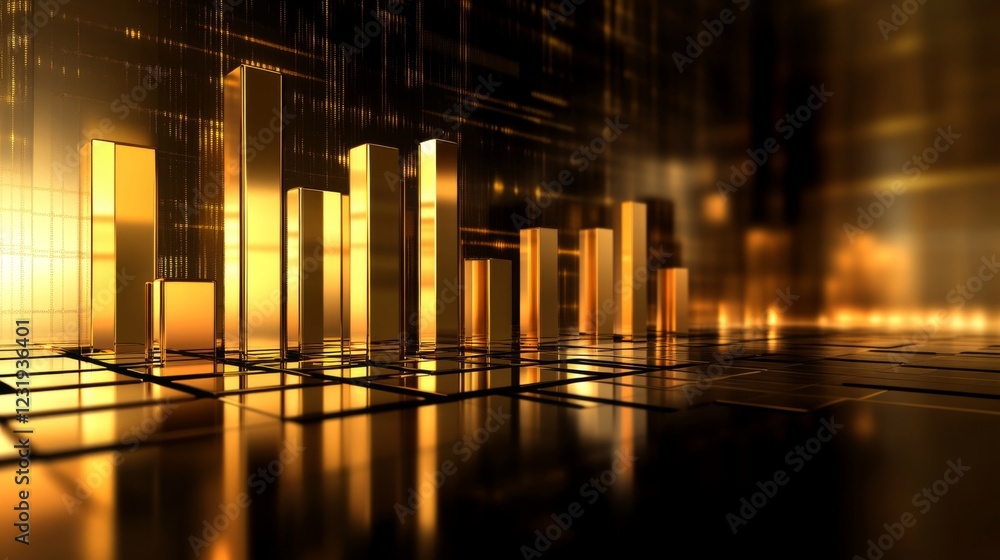 Poster a futuristic financial bar chart with glowing bars in metallic tones, displayed on a reflective surf