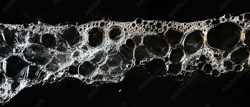 Poster water bubbles create linear patterns and textures against a black background