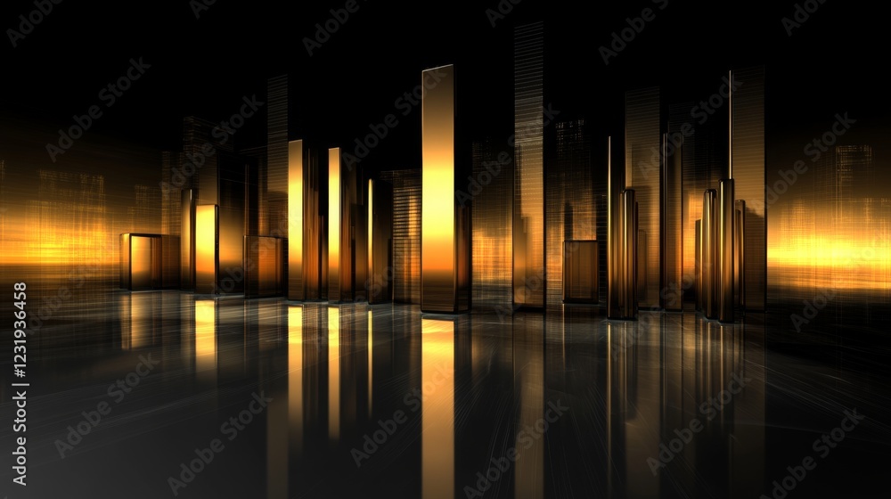 Aufkleber a futuristic financial bar chart with glowing bars in metallic tones, displayed on a reflective surf