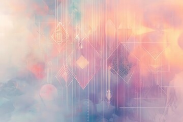 a floating geometric dreamscape in soft pastels, featuring ethereal translucent shapes merging with misty gradients, delicate line work, and subtle sacred geometry patterns