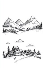 Fototapeta premium Hand-drawn sketch of a mountain village with houses, trees and a dog.