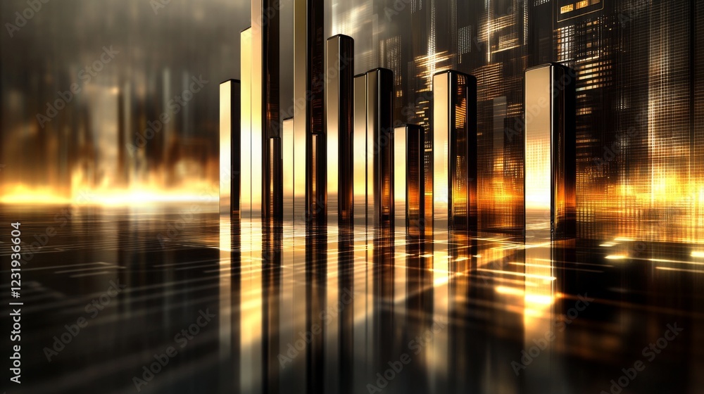Aufkleber a futuristic financial bar chart with glowing bars in metallic tones, displayed on a reflective surf