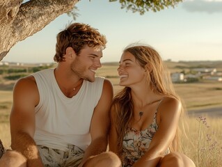 Happy Couple Relaxing Under a Tree