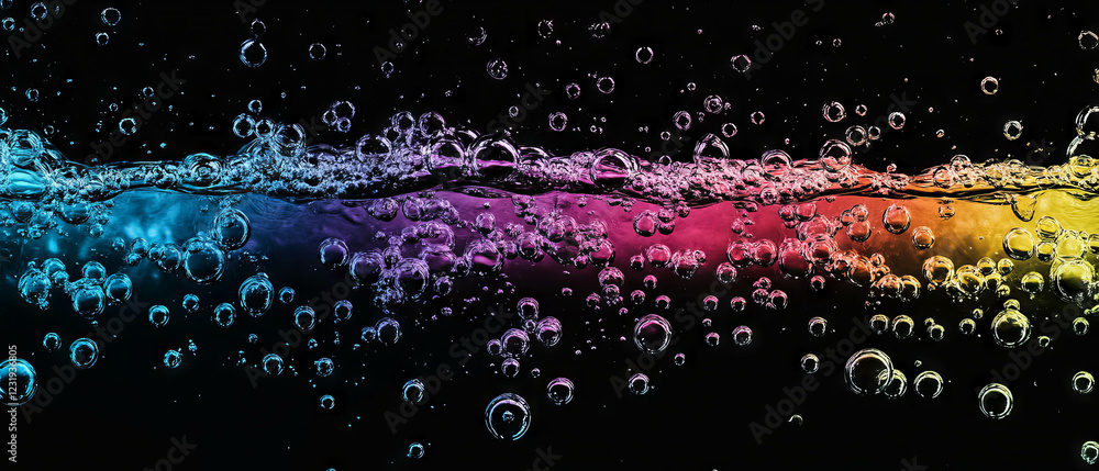 Aufkleber water bubbles in various colors float against a black backdrop, creating a captivating effect
