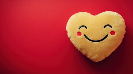 A smiling heart-shaped emoji pillow, isolated on a red background with text space.