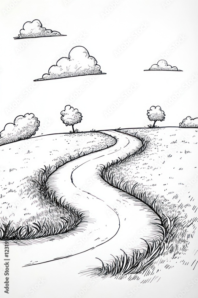 Poster hand-drawn sketch of a winding road leading through a grassy field with trees and clouds in the dist