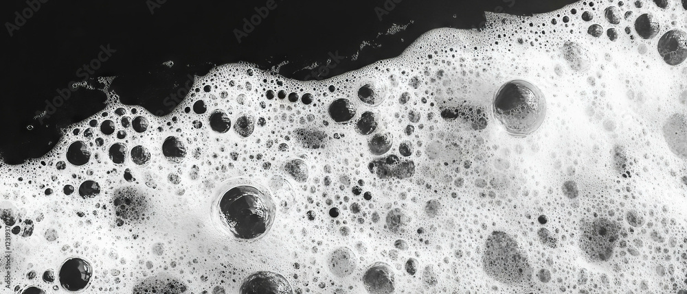 Poster bubbles floating on a dark surface create a soft contrast on a light background