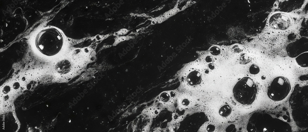 Poster sparkling water bubbles with large clusters against a dark background