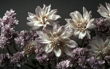 A close-up photograph of flowers against a dark gray background