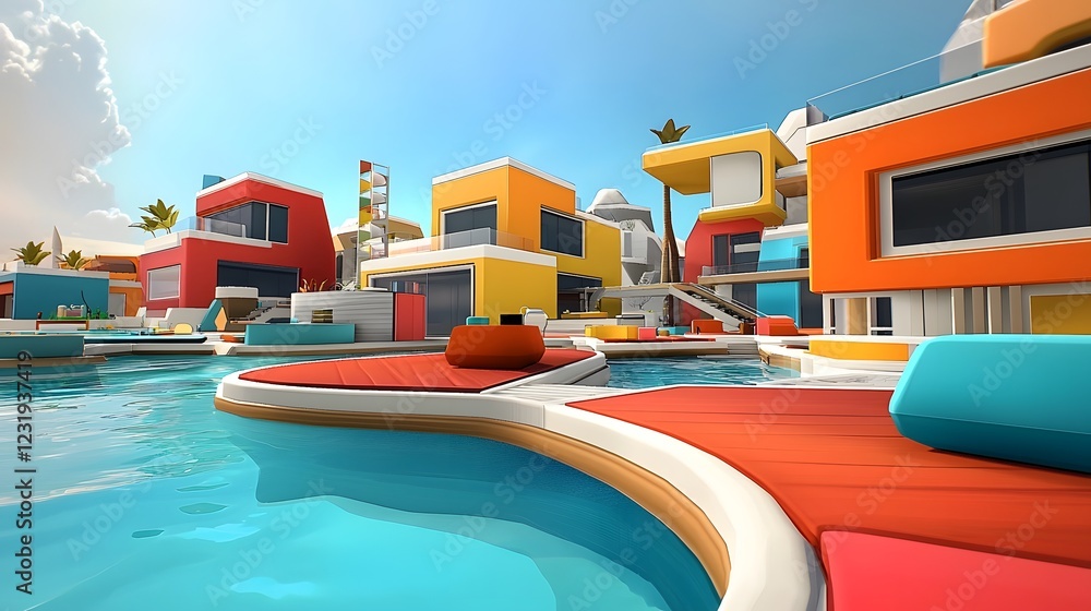 Poster colorful and futuristic virtual reality game designed to teach architectural design and spatial reas