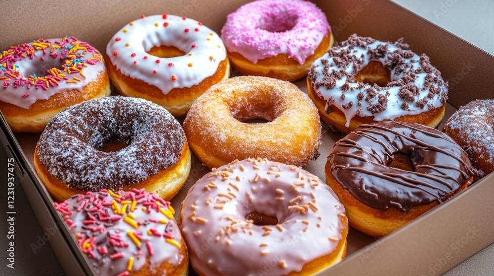 Poster A high-angle view of a box of assorted donuts with an open lid, showcasing a mix of flavors and designs, perfect for a morning treat.