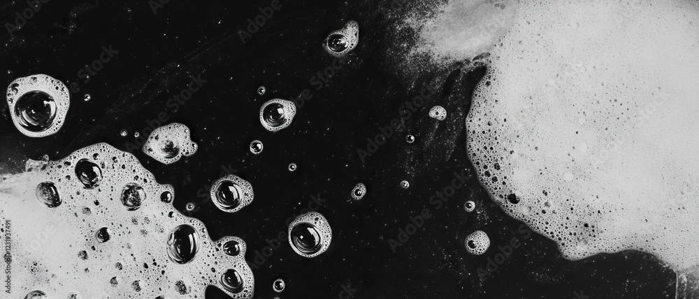 Poster water bubbles with dense clusters and small bubbles create an intriguing texture against black
