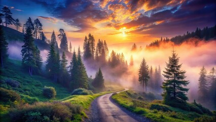 Misty mountain path, shrouded in fog, a dark forest trail invites exploration.