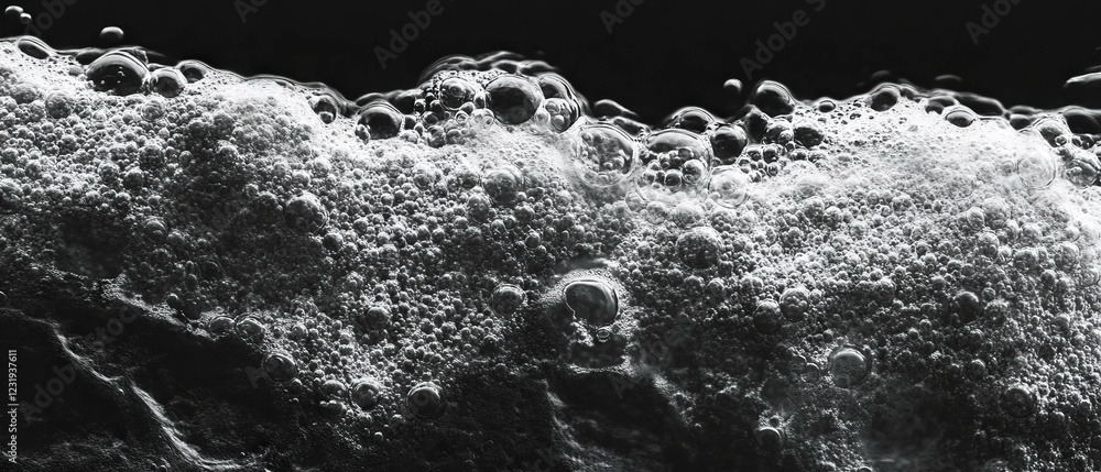 Poster water bubbles with clusters and dense arrangements create a stunning effect against black background