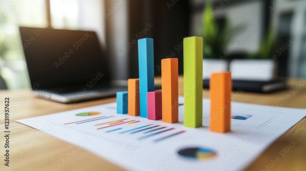 Leinwandbilder a high-angle view of a colorful d bar graph on a sleek office desk, with documents and a laptop in t