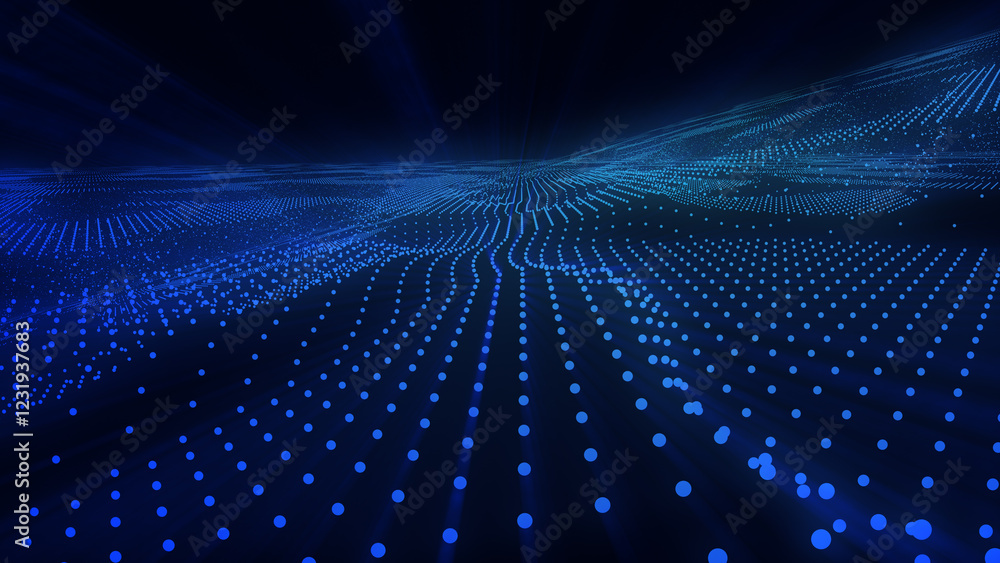 Poster blue particles wave representing digital data flowing in cyberspace