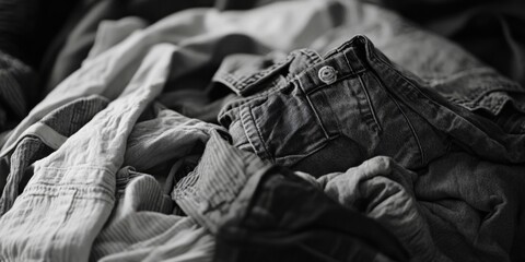 A stack of clothing sitting on a bed