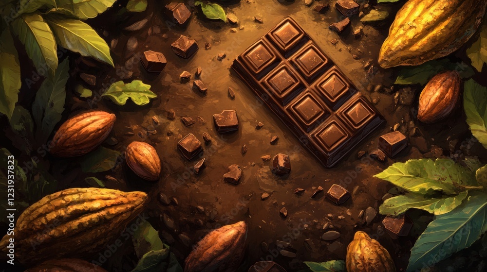 Poster A high-angle view of a chocolate bar broken into pieces, with whole cocoa beans and cocoa pods artfully placed around it for contrast