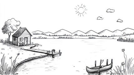 Obraz premium Simple sketch of a lake house, dock, and rowboat under a sunny sky.