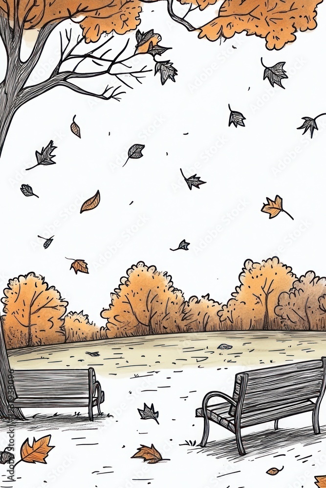 Poster two empty benches under a tree with falling leaves in an autumn park.