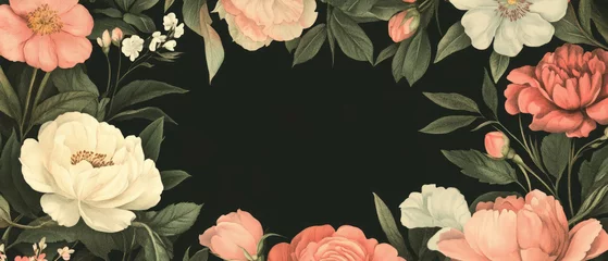 Gardinen Watercolor floral patterns with empty center and delicate flowers on black background © Artem