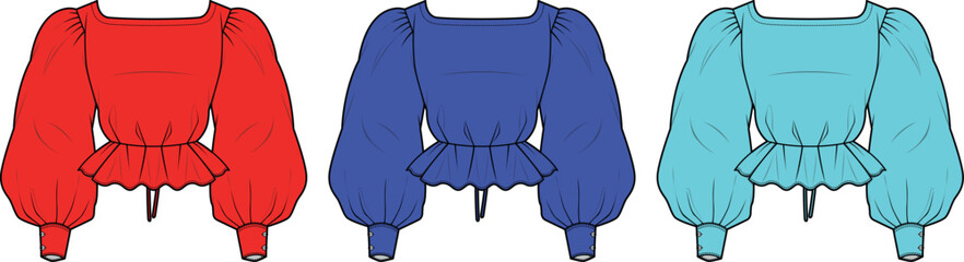 Fashion Flat Sketches Puff Sleeve Blouse Women's Tops Design