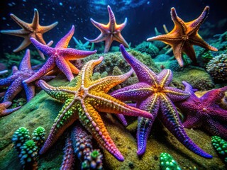Night's embrace reveals hardy sea stars, their lost limbs regenerating, a testament to ocean wildlife's resilience.