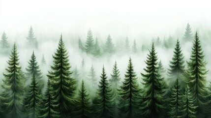 Obraz premium Lush green pine trees rise through a soft mist, creating a serene forest landscape that evokes tranquility and connection with nature.