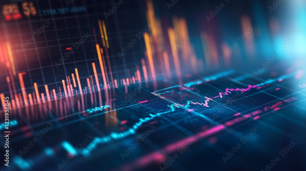 Aufkleber a high-resolution image of a business financial graph with rising lines and bars, overlaid with nume