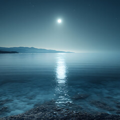 Fototapeta premium tranquil moonlit bay with a gentle shoreline, crystal clear water, and a soft mist hanging over the water’s surface