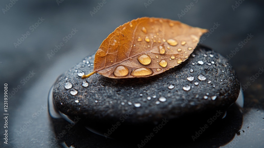Aufkleber A high-resolution image of a dewy leaf resting on a smooth stone, with droplets of water adding a fresh and natural touch to the composition.