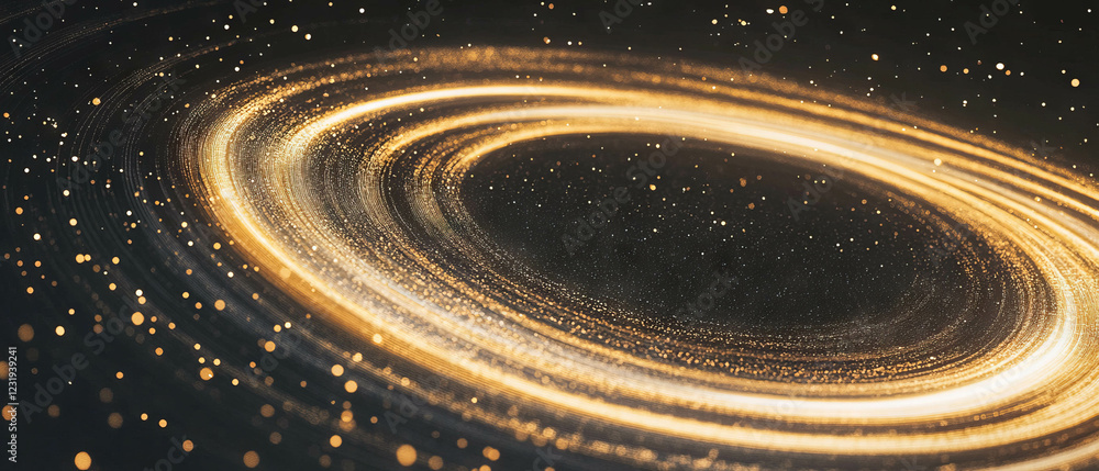 Poster swirling gold confetti creating a dynamic texture on a black background