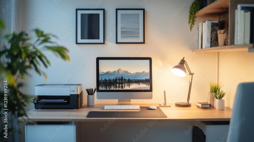 Poster A high-resolution image of a home office setup with a computer, printer, and desk lamp, showcasing essential electrical appliances for a productive workspace.