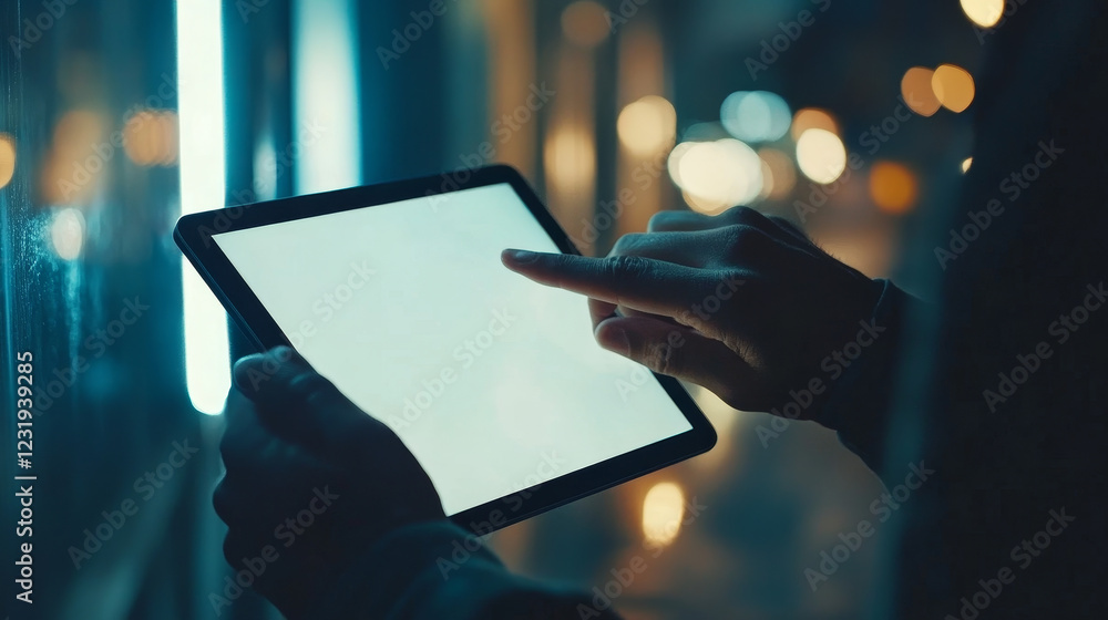 Poster two hands hold tablet computer with blank screen. man using digital device, ebook or gadget, pointin